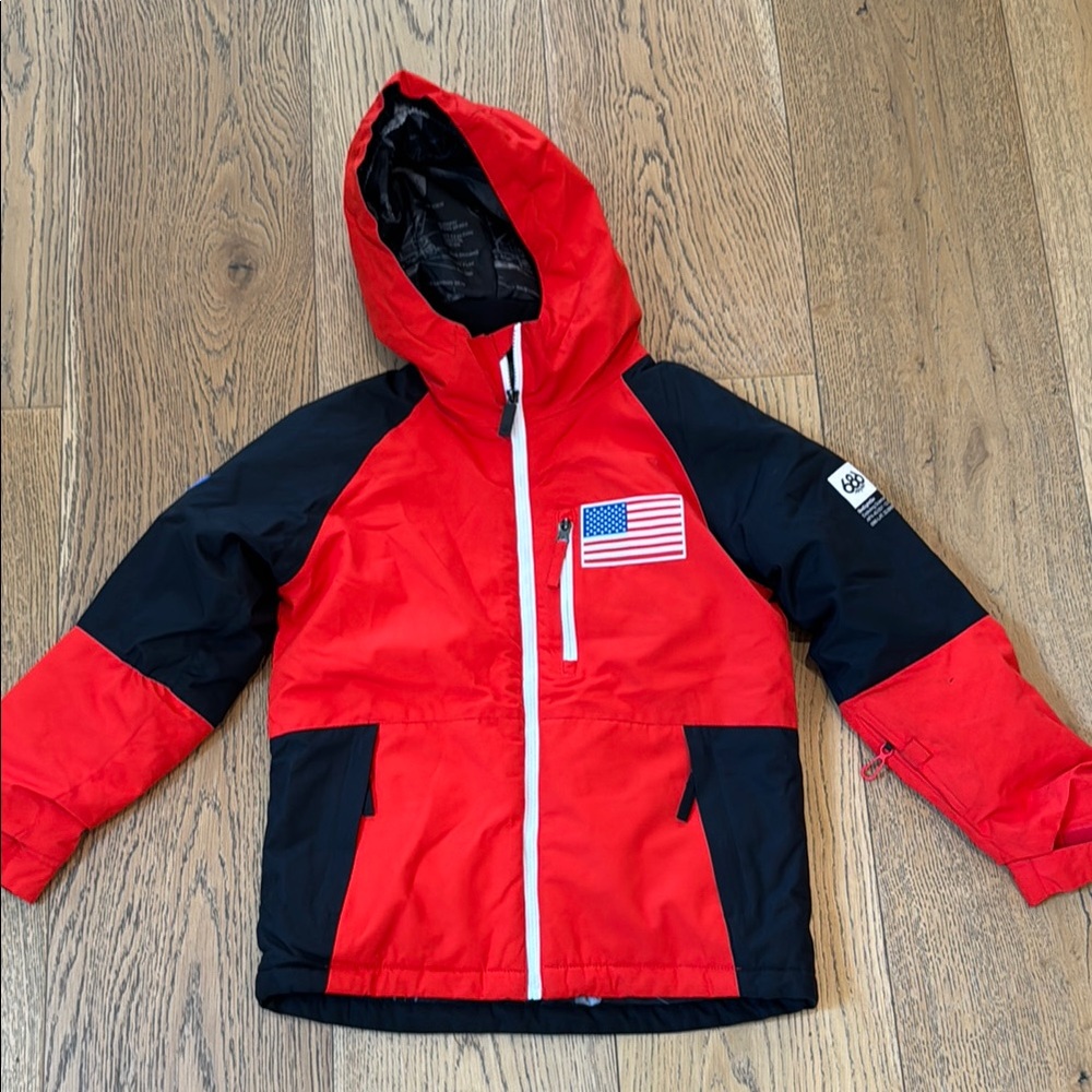 686 Red & Black Hooded Kids' Winter Snow Jacket with USA Patch
